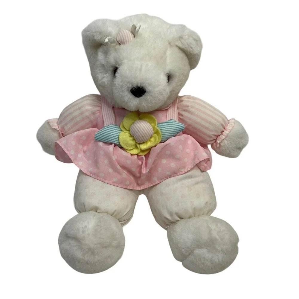 Vintage TB Trading Bear Plush Bow Pastel Toy Stuffed Animal Pink Dot Stripe